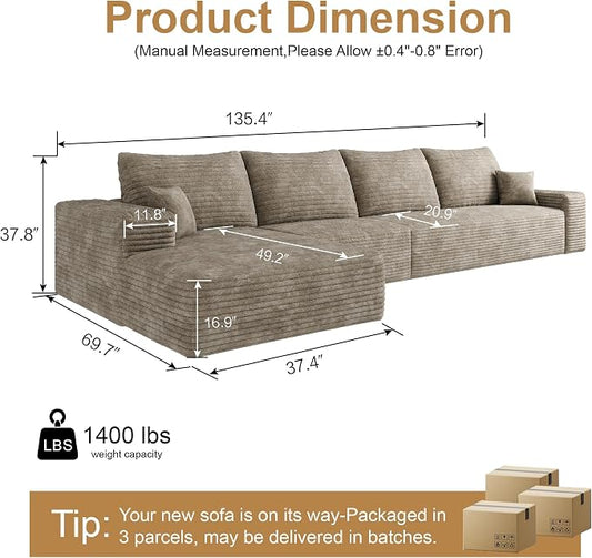 AUGOP 136" Sectional Couches for Living Room Modern Modular Sofa with L-Shape Couchs Upholstered Boneless Couch Deep Seat Sectional Couch with Chaise (Camel, 136" Left Facing Chaise+3Seaters)