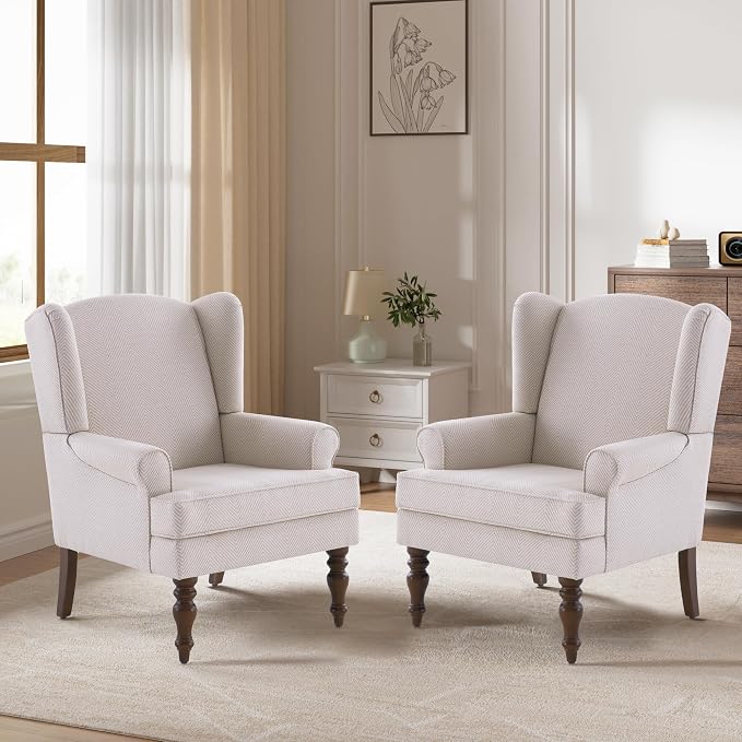 HUIMO Living Room Chair Upholstered High Back Armchair Retro Printed Wingback Chair in Linen for Bedroom & Study Comfy Accent Sofa Chair Reading Chair Holds 300lbs (2, Tan with Lines)