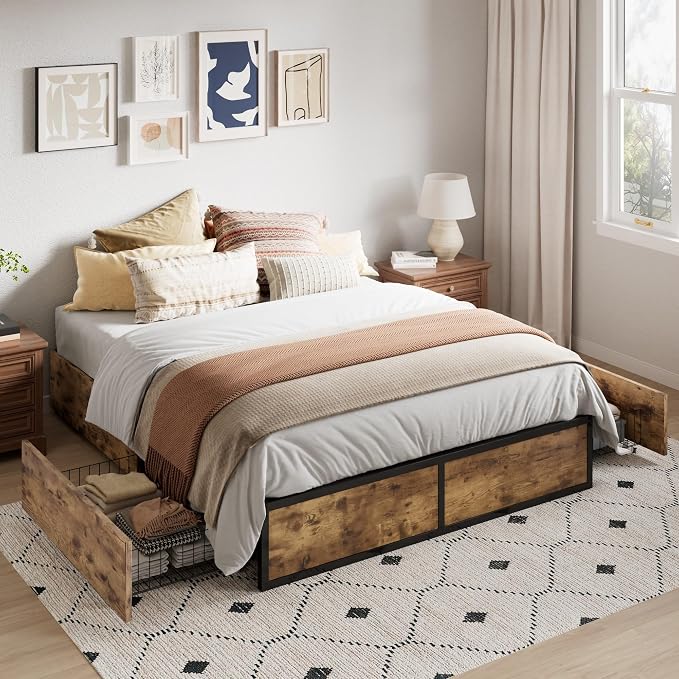 Allewie Full Size Metal Bed Frame with 2 Storage Drawers, Heavy-Duty Steel Frame with MDF Wood Panels, Flexible Drawer Placement, Easy Assembly, Noise-Free Support, Brown