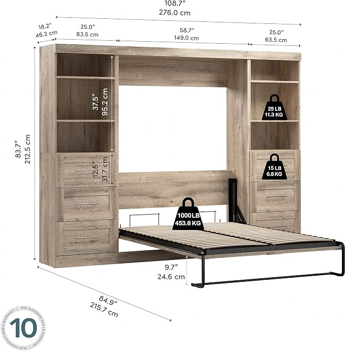 Bestar Pur Full Murphy Bed and 2 Shelving Units with Drawers, 109-inch Space-Saving Wall Bed
