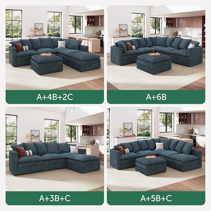 HONBAY Corduroy Ottoman, 31.5 Inch Square Ottoman Bench with Storage for Living Room, Blue