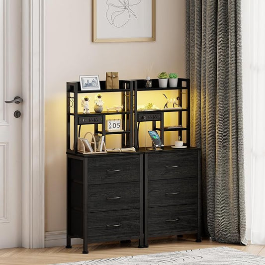 Furnulem Tall Night Stand with 3 Fabric Drawers and LED Lights, Nightstand with Bookshelf, 45.3inch Tall Bedside Tables with USB Ports in Bedroom, Dorm, Office,Metal Frame, Wood Shelves (Black Oak)