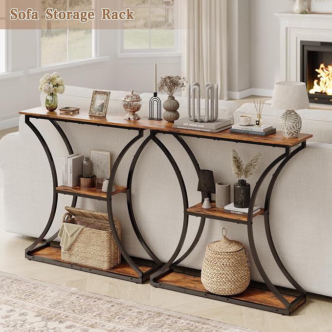 HavenlyYouth Narrow Console Table for Entryway, Industrial 3-Tier Sofa Table Behind Couch, 29.5" Height TV Stand with Storage Shelves for Living Room, Hallway, Entrance, Foyer, Rustic Brown
