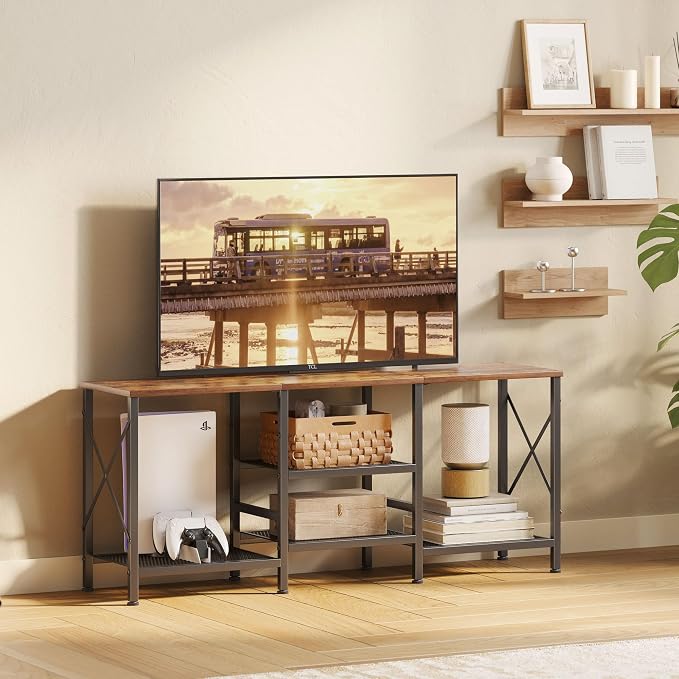 JARHETUN TV Stand for 55 Inch TV, Entertainment Center with 3-Tier Open Shelves, TV Console Table for Living Room, Bedroom, Rustic Brown