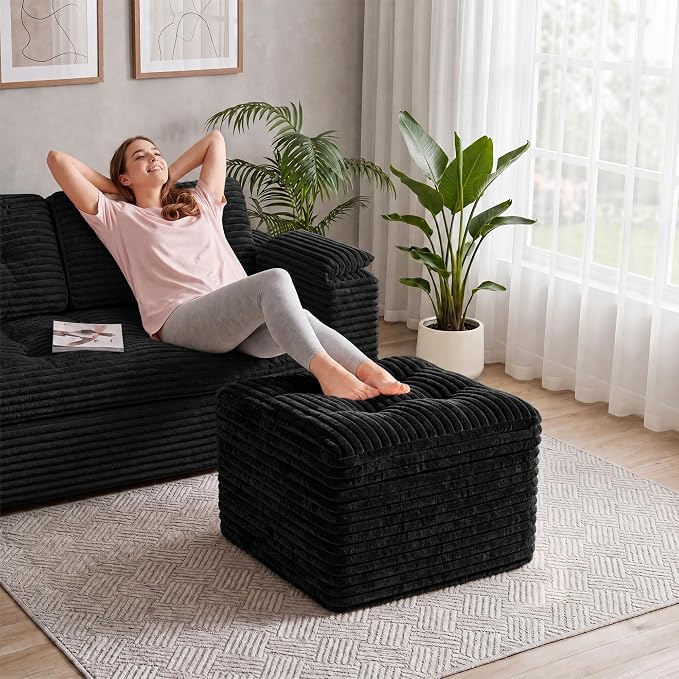 23.6in Pouf Ottoman, Corduroy Ottoman Foot Rest with Dual‑Layer Support, Large Poofy Pouf with Soft Chunk‑Foam Top & Firm Foam Base, Floor Foot Stool for Living Room, Black