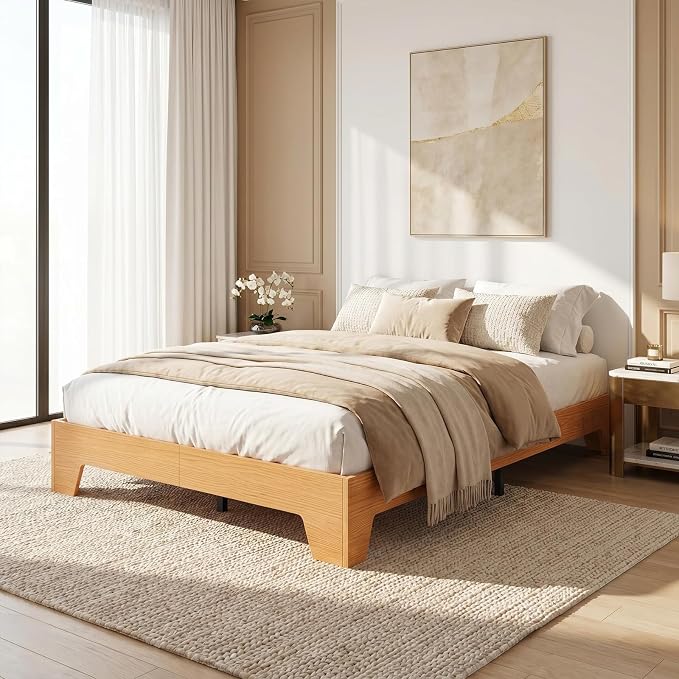 IDEALHOUSE Full Size Wood Bed Frame,Platform Nature Bed with Strong Wooden Slats,No Box Spring Needed,Minimalist Bedroom Furniture,Contemporary Wooden Bed Frame,Easy Assembly