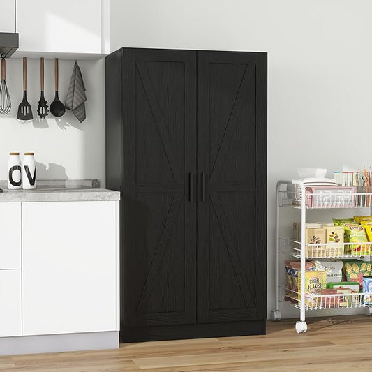 Wooden Storage Cabinet, Collection Food Pantry Narrow Cabinet Free Standing with 2 Doors and 3 Shelves Tool Cabinet, for Kitchens, Living Room, Utility Rooms (Black)