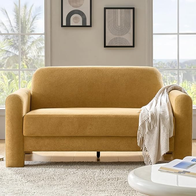 HULALA HOME 60" Modern Curved Loveseat Sofa, Comfy Chenille Couch Small Love Seat with Wrapped Armrests, 2 Seater Sofa for Living Room, Easy Assembly, Camel