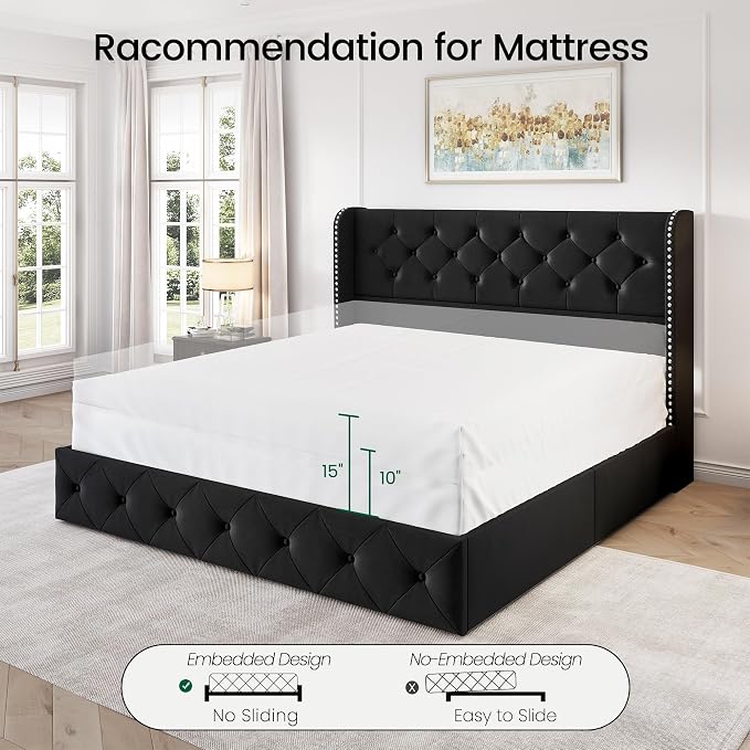 LARMACE Queen Size Bed Frame with 4 Storage Drawers and 47.2" Tall Wingback Headboard Upholstered Platform Beds Velvet Tufted Bed Frame with Wooden Slats Support, Easy Assembly, Black