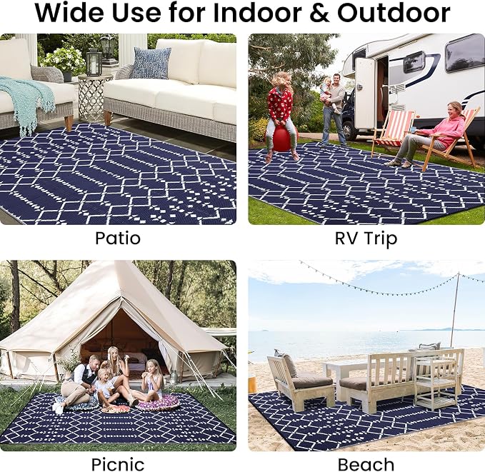 Smiry Outdoor Rug 8x10 ft, Waterproof Reversible Plastic Straw Rugs, Boho Outdoor Area Rug, Outside Floor Mat for Patio, Backyard, Deck, Picnic, Beach, Camping, Navy