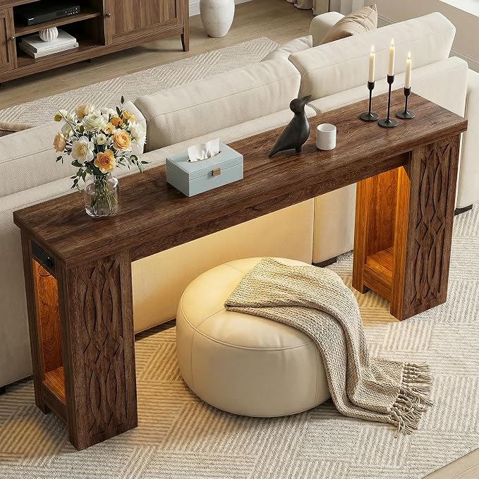 Cyclysio 63" Console Table with Outlet, Farmhouse Entryway Table with Colorful LED Lights, Wooden Sofa Table with Unique Carved Design, Foyer Accent Table for Entrance, Hallway, Living Room