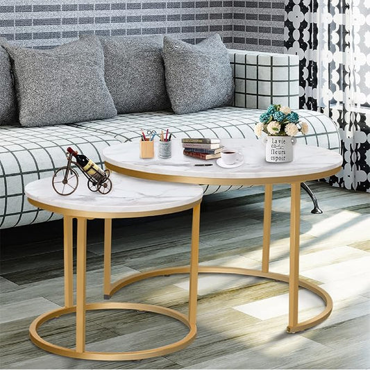 Garden 4 you Nesting Coffee Table Faux White Marble for Small Place 2 Sets Modern Furniture Living Room Sets End Side Table Night Stand for Bed Room Dining Room