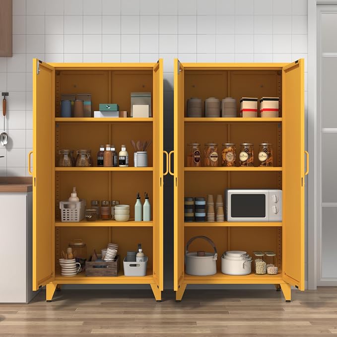 61" Tall Farmhouse Metal Pantry Cabinet with 3 Adjustable Shelves, 4-Tier Storage Organizer, 2-Door Freestanding Storage Cabinets, Easy Assembly, for Kitchen, Entryway, Home Office, Kids Room, Yellow