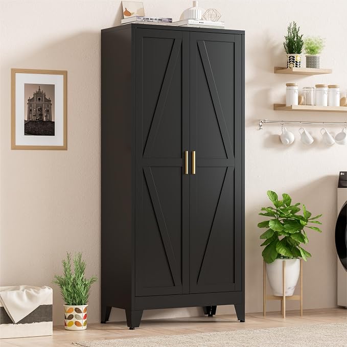 61" Black Metal Storage Cabinet, Farmhouse Pantry Cabinet with 2 Vintage Barn Doors and 3 Adjustable Shelves, Rustic Freestanding Cupboard for Kitchen,Home Office Living Room,Dining Room