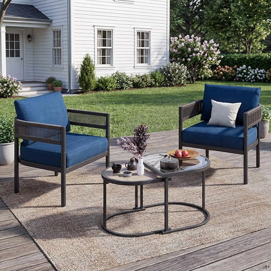 Grand patio 4-Piece Outdoor Conversation Set with 2 Single Chairs and 2 Patio Coffee Tables, Wicker Furniture Set, Peacock Blue