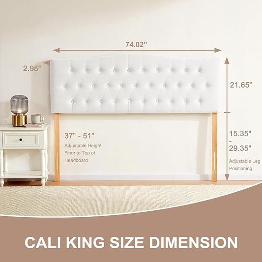 Tufted Headboard California King Size, Sturdy Solid Wood Head Board, White | Upholstered California King Headboard with Solid Wood Legs, Adjustable Height 37-51 in, Fabric Button Diamond HeadBoards