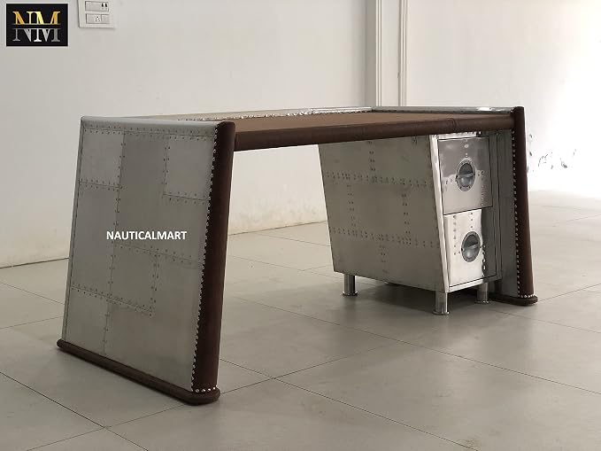 NauticalMart Brancaster Desk, Distress Chocolate Top Grain Leather & Aluminum Table Aviator Furniture Home and Office Decor (72 Inches)