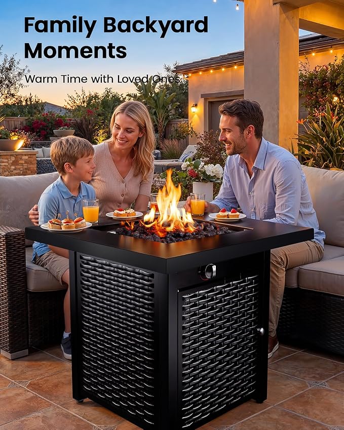 Ciays 28 Inch Propane Fire Pit CSA-Listed Outdoor Fire Pit Table, 50,000 BTU Steel Gas Fire Pits with Lid and Lava Rock, Add Warmth and Ambience to Parties On Patio Deck Garden,Black,CIFPT3-N1