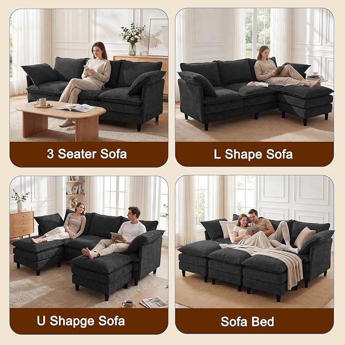 3 Seater Couch & Loveseat Sofa 2 Piece Set, Small 50" Love Seat & 69" Cloud 3 Seat Couch Sofa Set Washable Chenille Pillow Living Room Set for Apartment Office 8833-BLACK-3+2