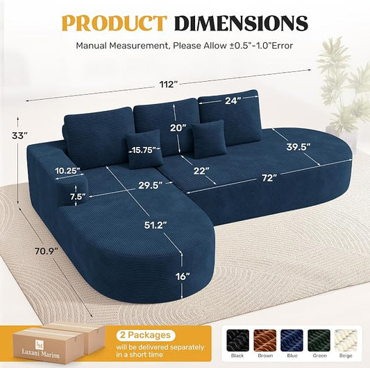 112" Modern Curved Cloud Couch, Boneless Couches for Living Room with Deep Seat, Memory Foam Compressed Modular Sectional Sofa, No Assembly Required,Navy Blue 1 PCS