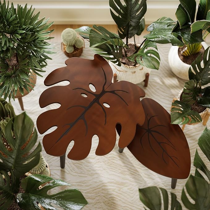 BAMEOS Monstera Leaf Nesting Tables Set of 2, Small Side Tables f Set with Leaf Vein Pattern, Modern Wooden CoffeeTables for Living Room Bedroom Apartment Balcony Yard
