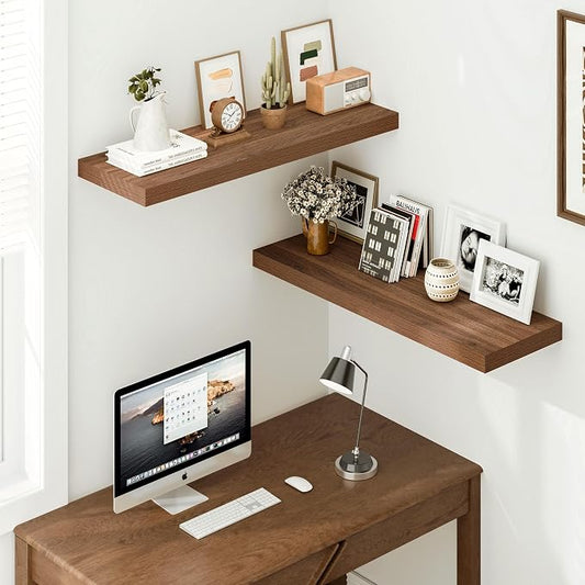 Vivelove Floating Shelves for Wall 12 Inch Deep, 36" X 12" X 1.5" Floating Shelf, 2 Inch Thick Shelf for Living Room Bedroom Kitchen Office, Rustic Farmhouse Decor Set of 2, Walnut