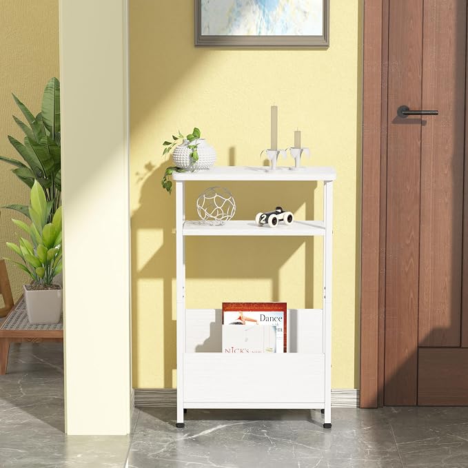 THUMEYE 7.1" Narrow Side Table for Small Spaces, 3 Tier Small End Table with Magazine Holder, Slim/Skinny Nightstand/Bedside Table for Living Room, Bedroom, 15.4" L x 24.2" H, White