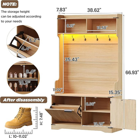 Maupvit Farmhouse Hall Tree with Bench and Shoe Storage, 4 Coat Rack with Shoe Storage Cabinet, 5-in-1 Entryway Organizer with Led Lights, Adjustable Shelves & Flip Drawers, Mudroom Seat Stool, Oak