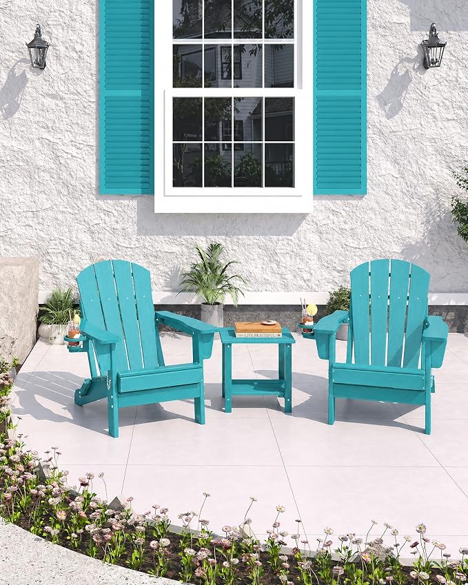 Garvee Folding Adirondack Chair Set of 2 with Side Table, HDPE Outdoor Patio Chair with Cup Holder, All Weather Resistent Wooden Textured for patios, Decks, Gardens, fire Pit, Lake Blue