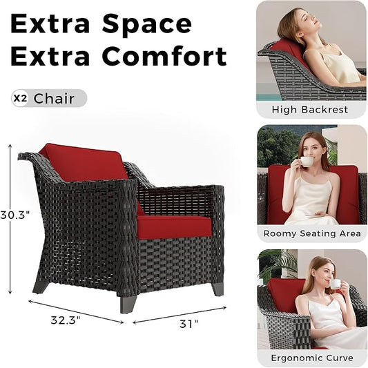 Patio 2 Pieces Wicker Chairs Set of 2,Outdoor PE Rattan Armchairs, Water-Resistant Cushions with Removable and Washable Covers, Porch, Balcony, Sunroom (Red)