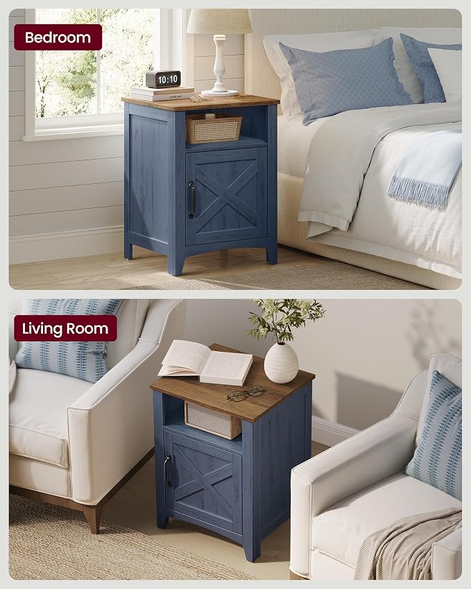 VASAGLE LIRY Collection - Farmhouse Nightstand, Barn Door, Set of 2, Bedside Table with Storage, Side End Table, Night Stand, Open Compartment, for Bedroom, Rustic Blue and Honey Brown ULET609Q101S-2J