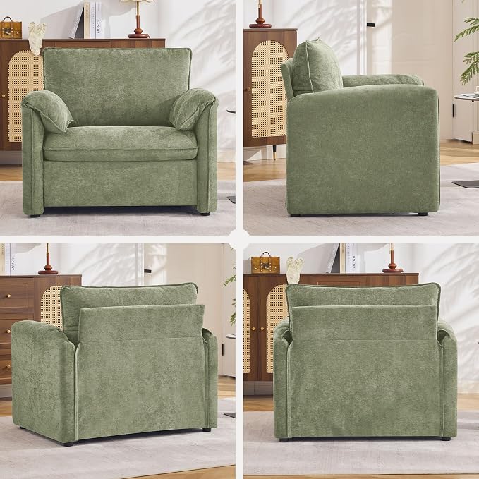 Oversized Accent Chair for Living Room, 41.73" Modern Armchair Set of 2 with Deep Seat, Mid-Century Comfy Reading Chair with Padded Arms, Large Chenille Single Sofa Chairs for Bedroom, Green