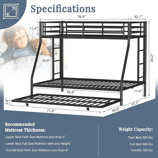 Shintenchi Bunk Bed Twin Over Full Size with Trundle, Heavy-Duty Twin&Full Frame with Full-Length Guardrail and Two Ladders, Triple for Kids, Teens and Adults, Space-Saving, Black