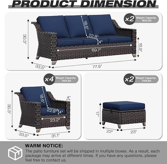 Joyside Wicker Patio Furniture Sets, 7 Pieces Upgraded Large Size Outdoor Furniture with 4 Swivel Rocking Patio Chairs, 3-Seat Sofa, Outdoor Ottoman, Thick Cushions, Wide Armrest, Blue