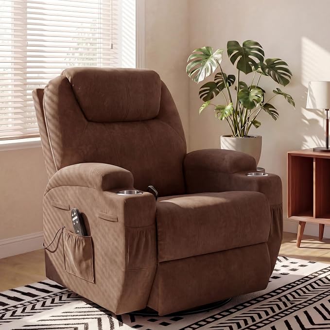 JUMMICO Small Swivel Rocker Recliner, 360 Rocking Chair Recliner with Massage, Upholstered Fabric Rocker Recliner with Cup Holder for Living Room, Bedroom, Nursery (Brown)