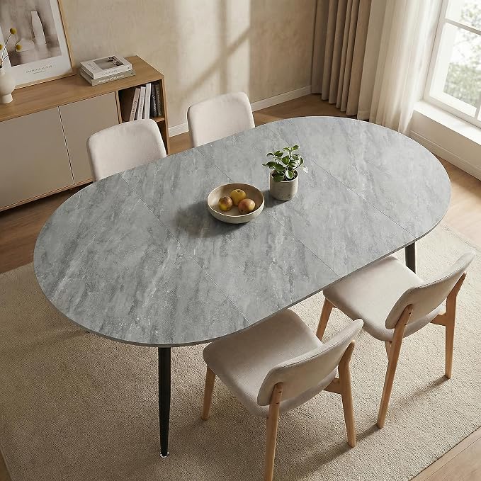 Extendable Round Dining Table for 4 6 Wooden Dining Room Table 39" to 70" Modern Kitchen Table for Dining Room Office Expandable Oval Dinner Table with MDF Top and Wood Legs Grey