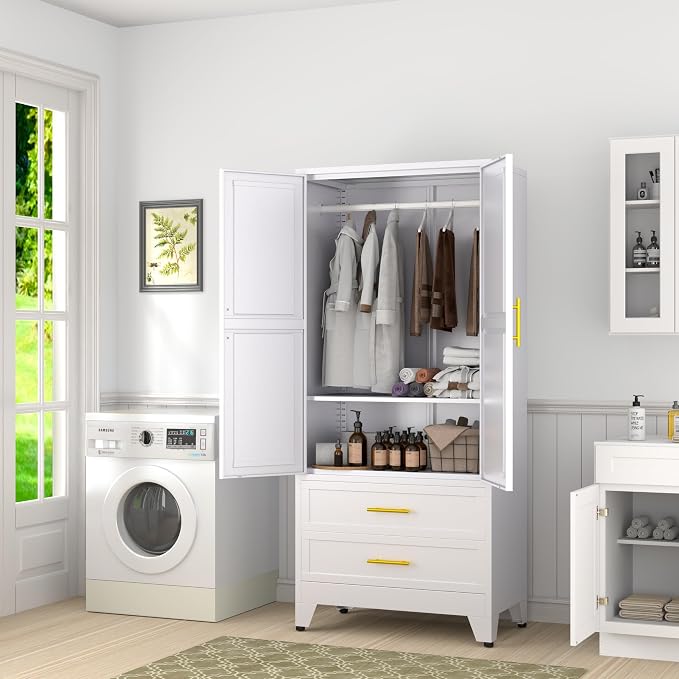 Ckzbx 71" H Metal Armoire Wardrobe Closet with 2 Drawers, Adjustable Shelve, Clothes Drying Pole, Steel Wardrobe Cabinet for Bedroom (White)