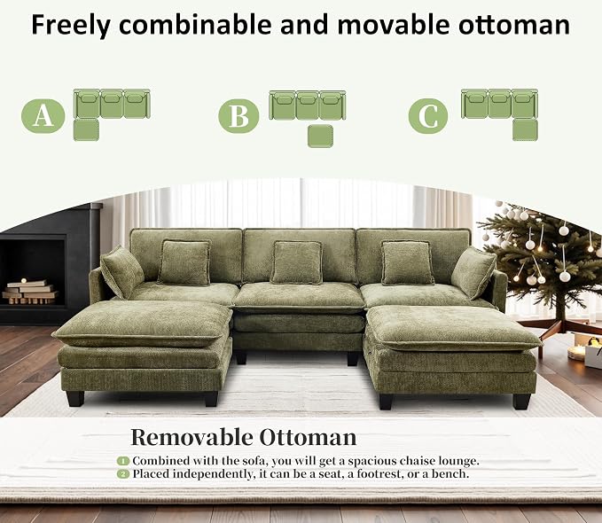 Opiesit Ottoman for Sectional Cloud Couch, Chenille Ottoman for Deep Seat Modular Sofa for Apartment, Living Room and Bedroom, Green