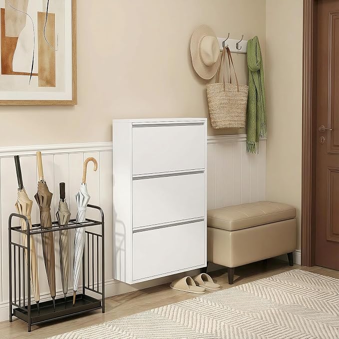 Shoe Cabinet with 3 Flip Drawers, Slim Metal Wall-Mounted Shoe Storage Organizer for Entryway, Hallway, Mudroom, Hidden Narrow Rack, White