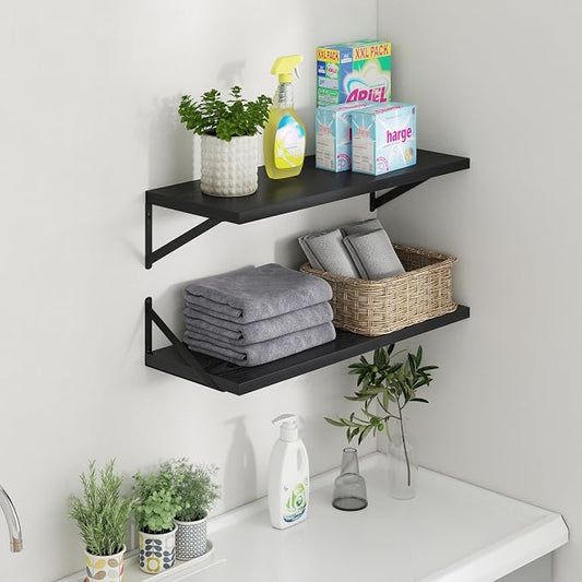 Axeman Deep Floating Shelves - 30 Inch Black Floating Shelves Set of 2-12 Inch Deep Wood Wall Shelves for Living Room Bathroom Kitchen