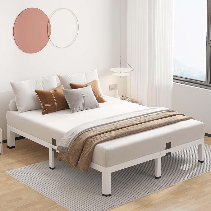ROIL 10 Inch White Queen Bed Frame with Rounded Corner and Mattress Retainers, 3500LBS Heavy Duty Steel Slats No Box Spring Needed Platform Noise-Free Easy Assembly