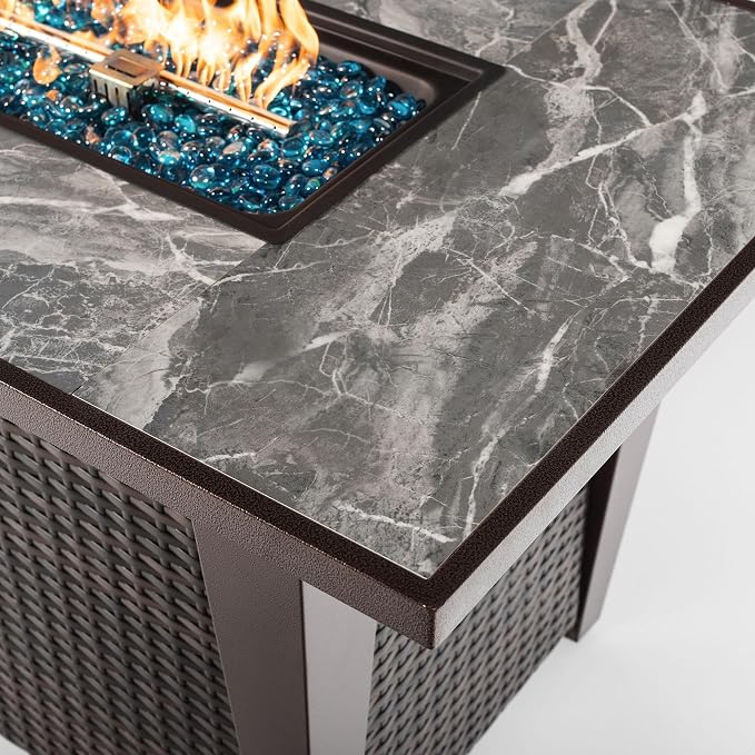 42" Propane Gas Fire Pit Table 50000 BTU Rectangular Outdoor Fire Pit with Ceramic Tile Tabletop Glass Wind Guard, Steel Patio Fire Table & PE Wicker Panel, Lid Rain Cover for Backyard Garden, Gray