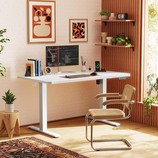 Huuger Electric Standing Desk with Power Outlets and USB-C Port, 47 X 24 Inch Height Adjustable Desk, Sit Stand Desk for Home Office, Computer & Gaming Desk with 4 Presets, Stable Steel Frame, White