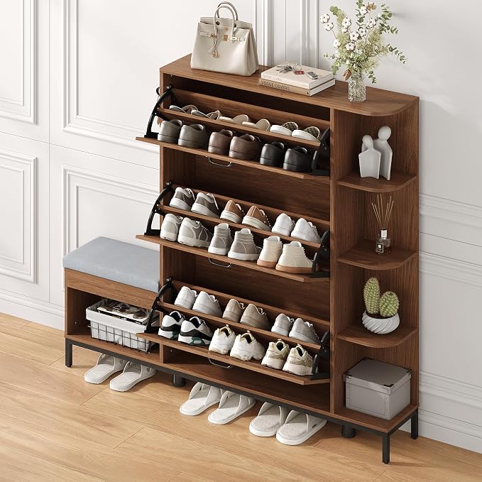 Maupvit Narrow Shoe Cabinet with Bench for Entryway, 3 Flip Louvered Doors & Side Storage Cabinet, 44" H Shoes Organizer with Upholstered Seat & Hooks for Front Door Entrance, Walnut