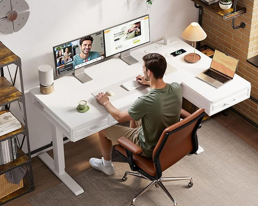 OffiGo L Shaped Electric Standing Desk with Wooden Drawers, 55 Inch Height Adjustable Corner Workstation with Power Outlets, Sit Stand Table for Home, Office, White