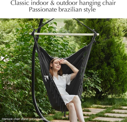 PNAEUT Hammock Chair with Tassel Hanging Rope Swing for Outside Indoor for Bedroom, Outdoor, Patio (Dark Gray with Tassels)