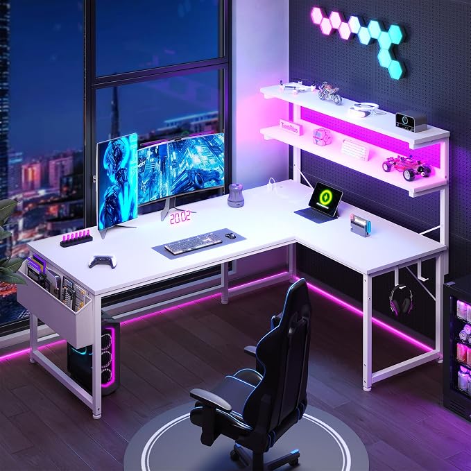 DurayLoly L Shaped Desk Computer Desk with LED Light & Power Outlet, 43.3 Inch Reversible White Desk with Shelf & Storage Bag & Hook for Home Office, White