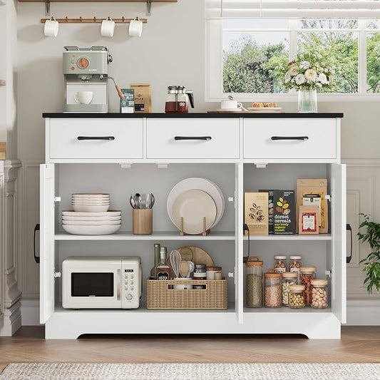 HOSTACK Modern Farmhouse Buffet Sideboard Cabinet, Barn Doors Storage Cabinet with Drawers and Shelves, Wood Coffee Bar with Storage for Dining Room, Kitchen, Living Room, White/Black