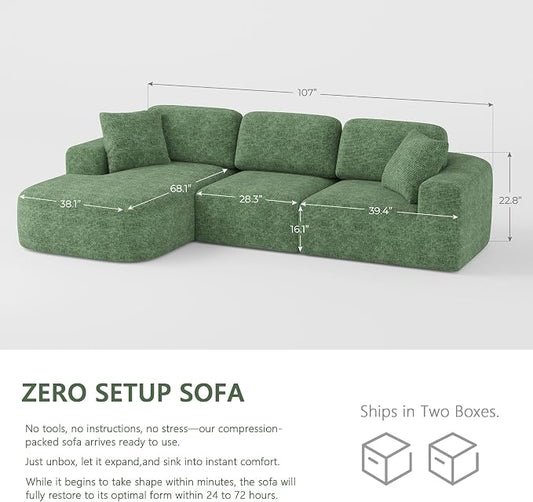 Dowinx 107" Boneless Cloud Couch, Modular Sectional Sofa with Deep Seat & Chaise, No Assembly Sofa-in-Box, Convertible L-Shape for Living Room Apartment – Green
