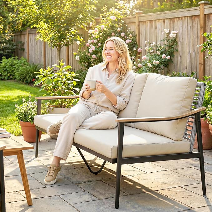 Outsunny Outdoor Patio Couch, 3 Seater Outdoor Sofa with Wood-Effect Armrests and Wicker Backrest, Outdoor Patio Furniture Couch with Cushions, Steel Frame for Porch, Garden, Backyard, Khaki